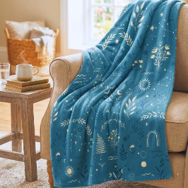Boho Celestial Botanische Stof Stof Blauw Knus Dek Fleece Deken