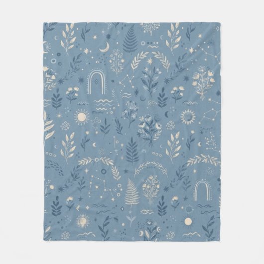 Boho Celestial Botanische Stof Stof Blauw Knus Dek Fleece Deken (Voorkant)