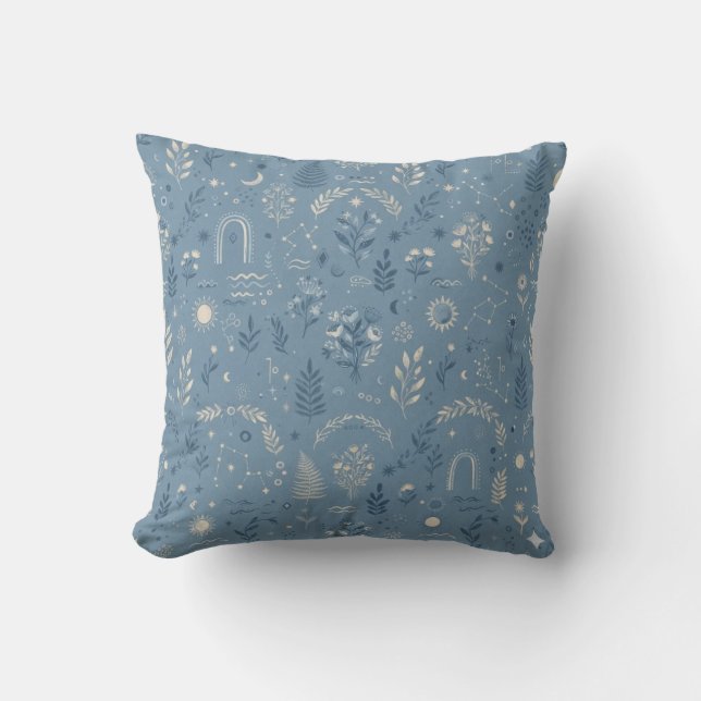 Boho Celestial Botanische Stof Stof Blauw Kussen (Voorkant)