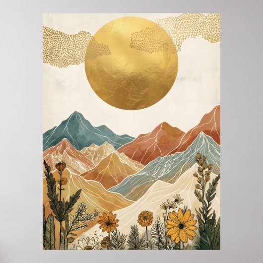 Boho Celestial Grote Gouden Zon Berg Poster (Voorkant)