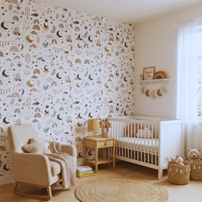 Boho Celestial Kinderkamer Behang | Neutrale Maan  (Trendy boho nursery wallpaper. Creative starry sky & rainbow peel & stick wall decor!)