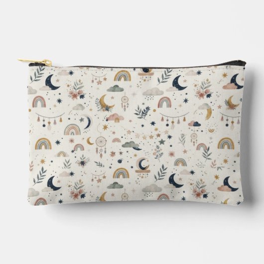 Boho Celestial Makeup Pouch| Neutrale Maan en Ster Etui (Voorkant)