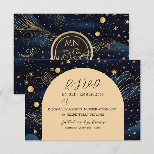 Boho Celestial Night Wedding RSVP Kaart (Voorkant / Achterkant)
