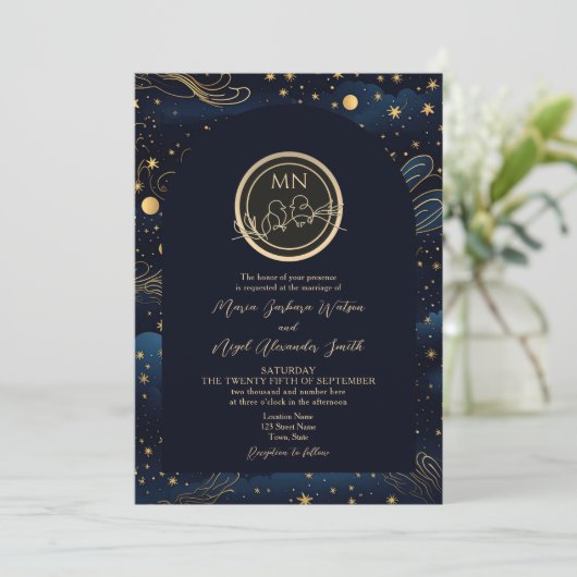 Boho Celestial Night Wedding Uitnodiging (Staand voorkant)