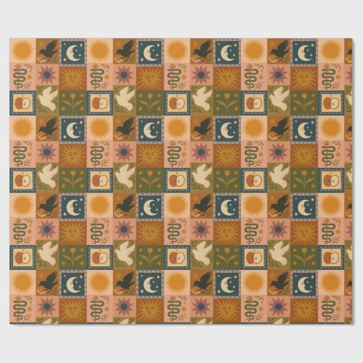 Boho Celestial | Retro Zon & Maan Cadeaupapier (Vlak)