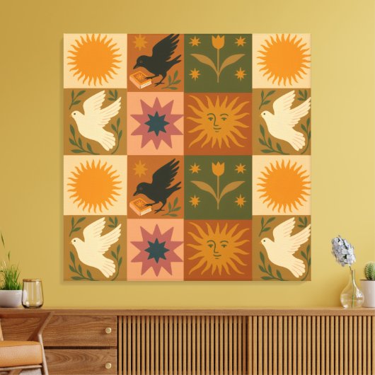 Boho Celestial | Retro Zon & Maan Canvas Afdruk (Insitu (Woonkamer))