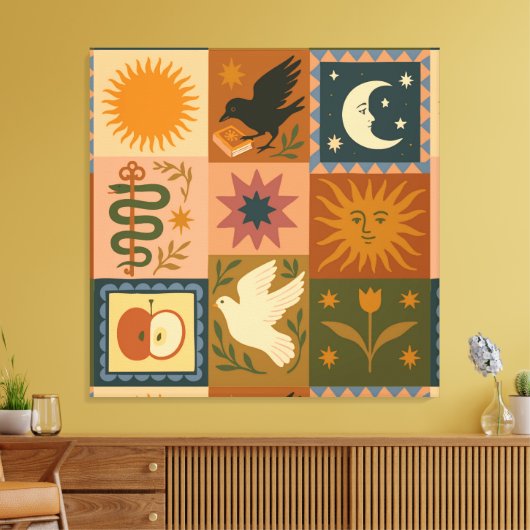 Boho Celestial | Retro Zon & Maan Canvas Afdruk (Insitu (Woonkamer))