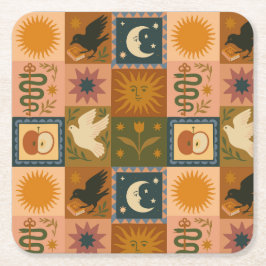Boho Celestial | Retro Zon & Maan Kartonnen Onderzetters