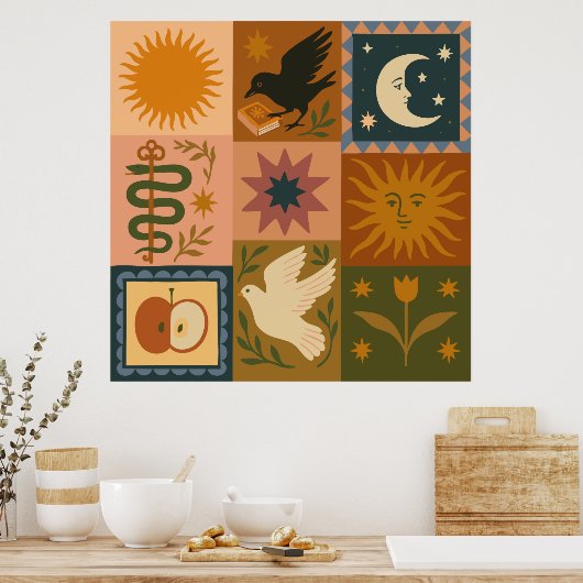 Boho Celestial | Retro Zon & Maan Poster (Keuken)