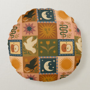 Boho Celestial Retro Zon & Maan Rond Kussen