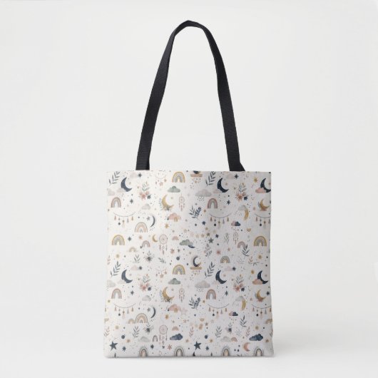 Boho Celestial Schoudertas | Neutrale Maan en Ster Tote Bag (Voorkant)