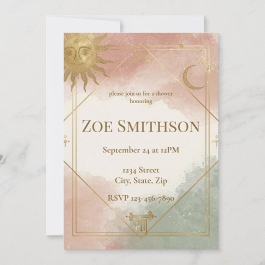 Boho Celestial Shower Invitation Sage Terracotta Kaart (Voorkant)