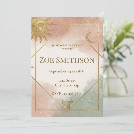 Boho Celestial Shower Invitation Sage Terracotta Kaart (Staand voorkant)