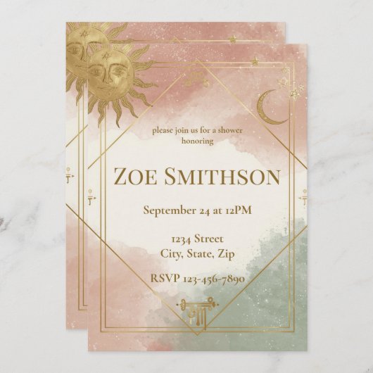 Boho Celestial Shower Invitation Sage Terracotta Kaart (Voorkant / Achterkant)