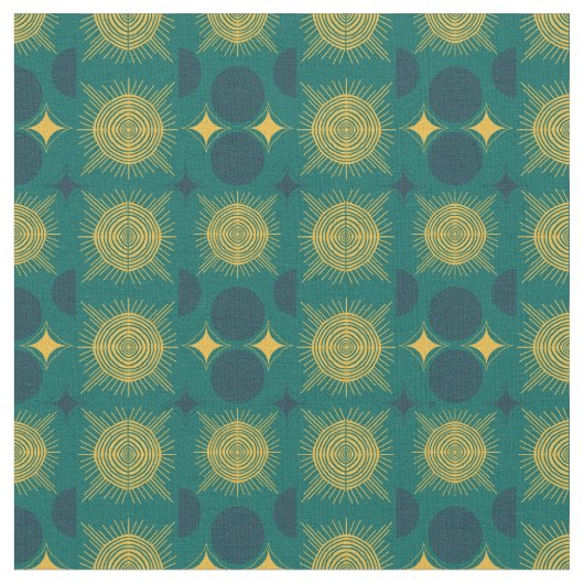 Boho Celestial Sun Moon Blauwgroen Pattern Stof (Close Up)