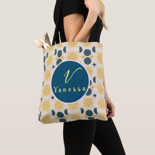 Boho Celestial Sun Moon Monogram Script Canvas tas (Dichtbij)