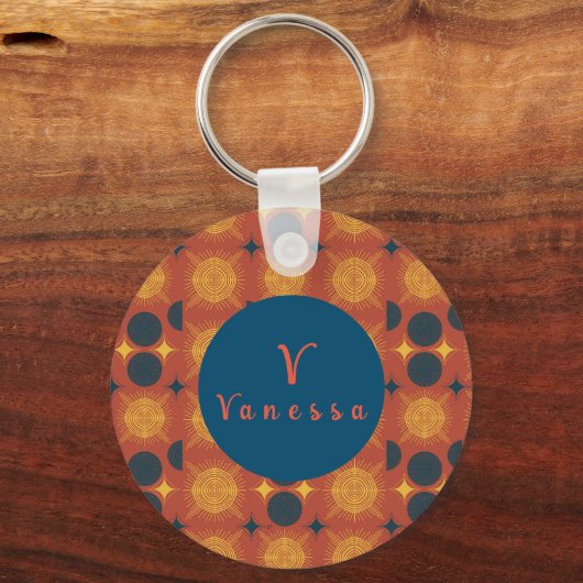 Boho Celestial Sun Moon Monogram Script Sleutelhan Sleutelhanger (Voorkant)