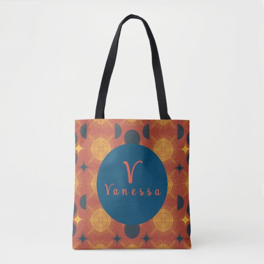 Boho Celestial Sun Moon Monogram Script Tote Bag (Voorkant)