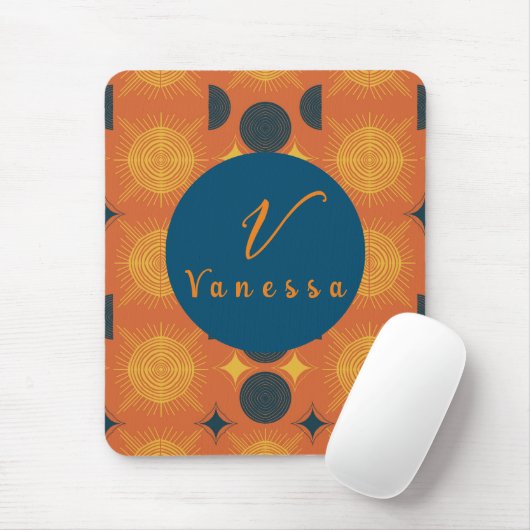Boho Celestial Sun Moon Oranje Monogram Script Muismat (Met muis)