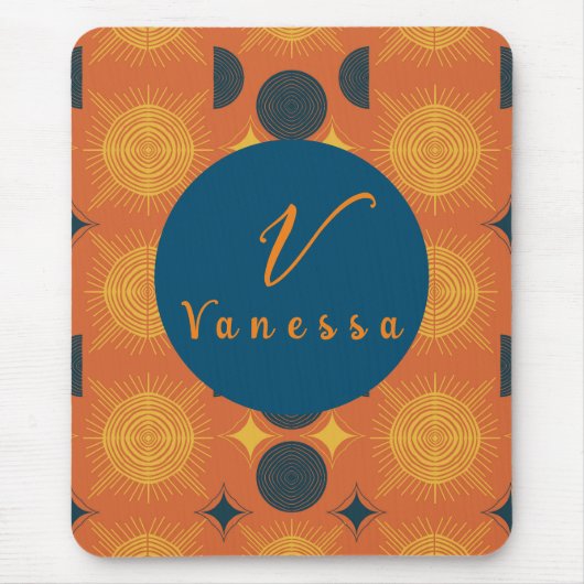 Boho Celestial Sun Moon Oranje Monogram Script Muismat (Voorkant)