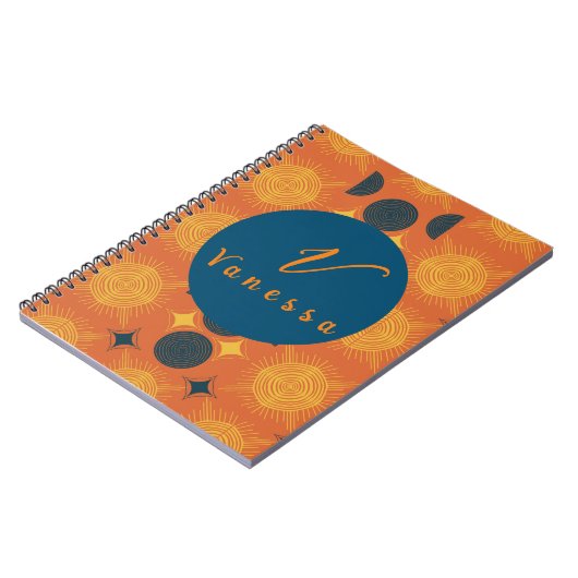 Boho Celestial Sun Moon Oranje Monogram Script Notitieboek (Linkerzijde)