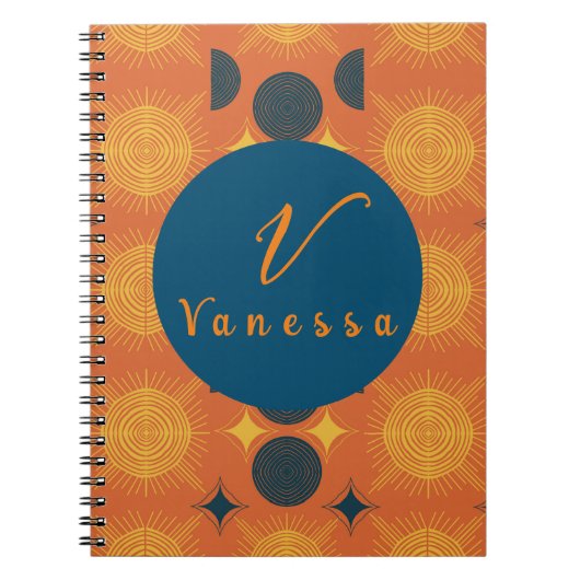 Boho Celestial Sun Moon Oranje Monogram Script Notitieboek (Voorkant)