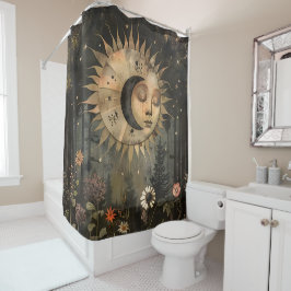 Boho Celestial Sun Moon Wildflower Garden Douchegordijn