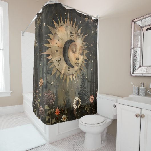 Boho Celestial Sun Moon Wildflower Garden Douchegordijn (In situ)