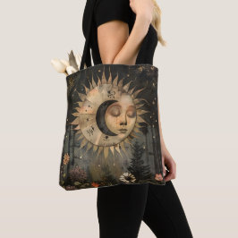 Boho Celestial Sun Moon Wildflower Garden Tote Bag