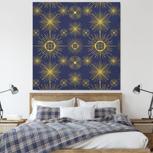Boho Celestial Sun Stars Blue Pattern Canvas Afdruk (Insitu (Slaapkamer))