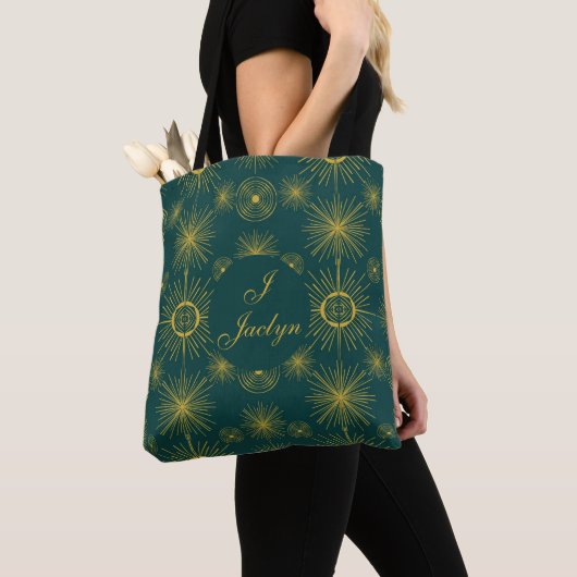 Boho Celestial Sun Stars Gepersonaliseerd Blauwgro Tote Bag (Dichtbij)