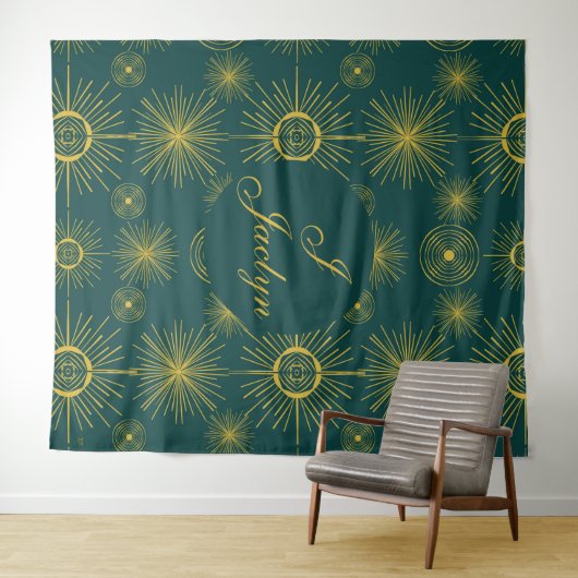Boho Celestial Sun Stars Gepersonaliseerd Blauwgro Wandkleed (In Situ (horizontaal))