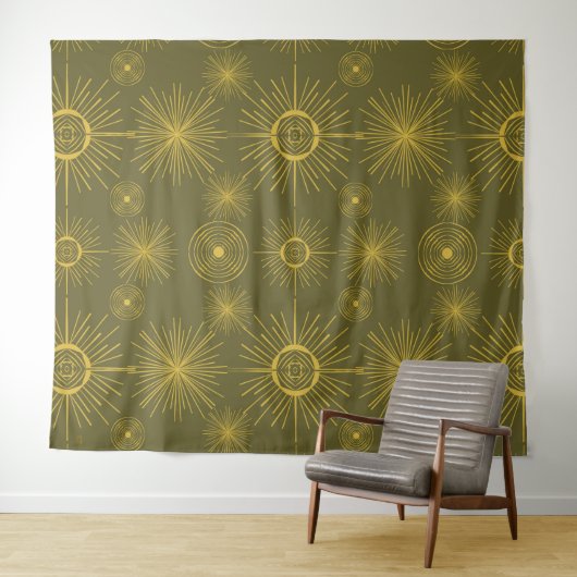 Boho Celestial Sun Stars Green Pattern Wandkleed (In Situ (horizontaal))