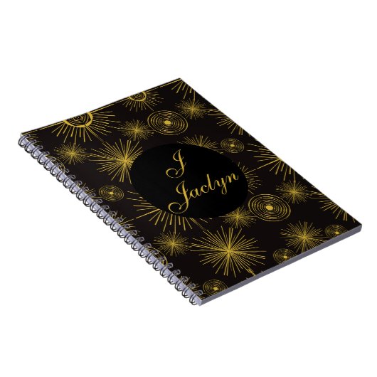Boho Celestial Sun Stars Personalized Black Notitieboek (Rechterzijde)