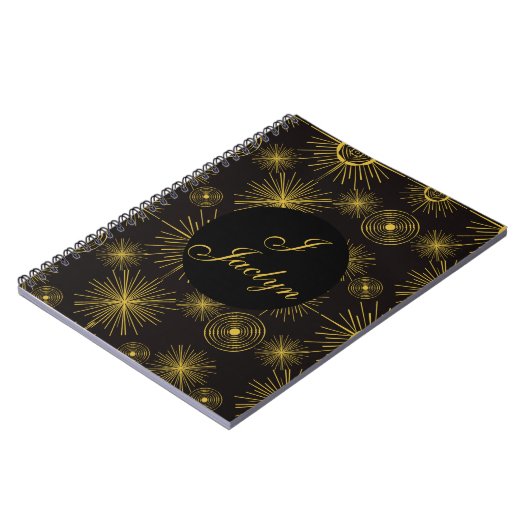 Boho Celestial Sun Stars Personalized Black Notitieboek (Linkerzijde)
