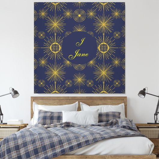 Boho Celestial Sun Stars Personalized Blue Canvas Afdruk (Insitu (Slaapkamer))