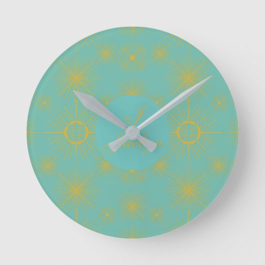 Boho Celestial Sun Stars Personalized Turquoise Ronde Klok (Voorkant)
