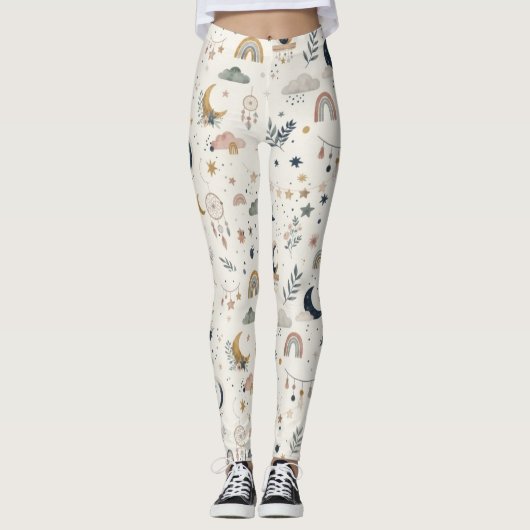 Boho Celestial Vrouwen| Neutrale Maansterren Leggings (Voorkant)