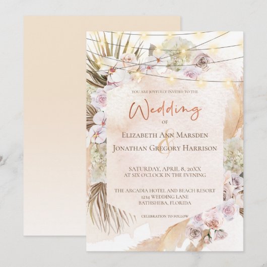 Boho Champagne Blush Terracotta Pampas Floral Invi Kaart (Voorkant / Achterkant)