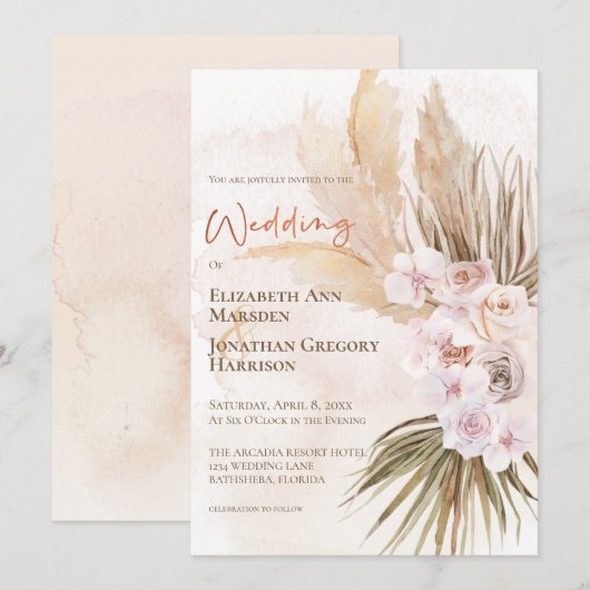 Boho Champagne Blush Terracotta Pampas Floral Kaart (Voorkant / Achterkant)