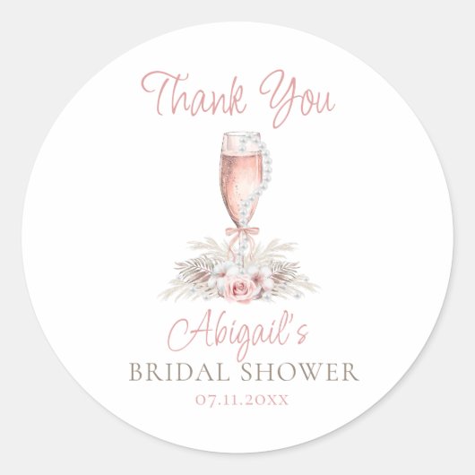 Boho Champagneglas Parels & Prosecco Bruiloft Ronde Sticker (Voorkant)