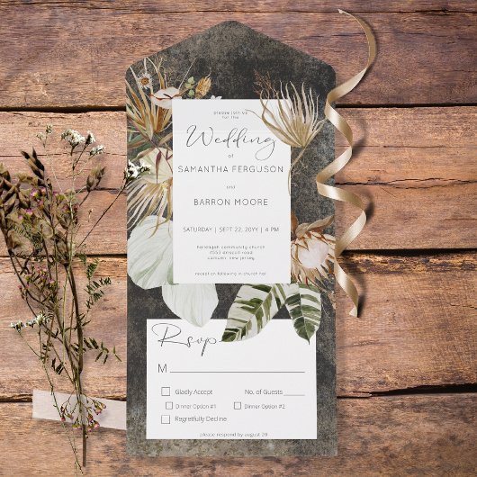 Boho Charcoal Floral grass Dinner All In One Uitnodiging