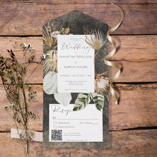 Boho Charcoal Floral Grass QR Code All In One Uitnodiging