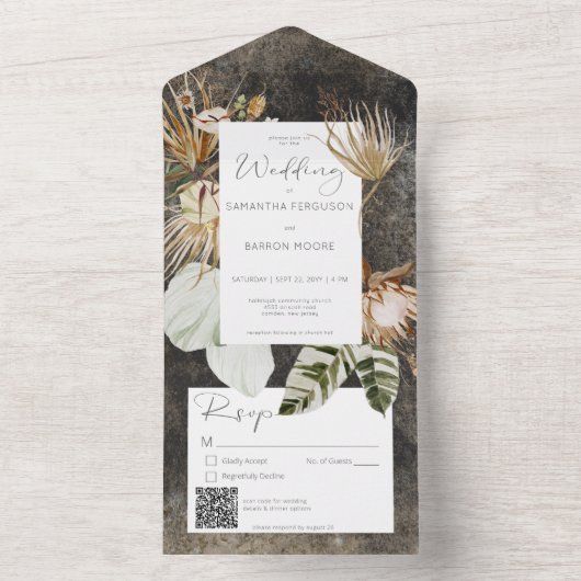 Boho Charcoal Floral Grass QR Code All In One Uitnodiging (Binnen)