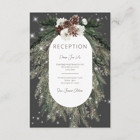 Boho Charcoal Pine Winter Sparkle receptie Informatiekaartje (Voorkant)