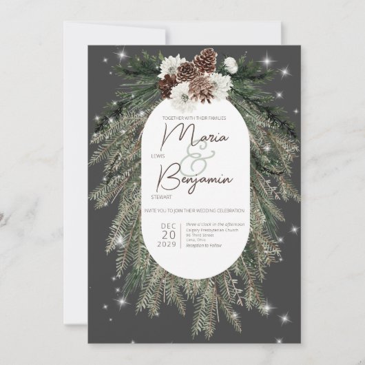 Boho Charcoal Pine Winter Sparkle Wedding Invite Kaart (Voorkant)