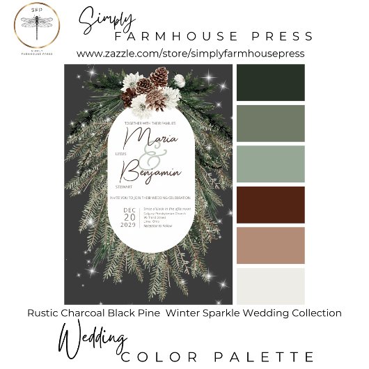 Boho Charcoal Pine Winter Sparkle Wedding Invite Kaart