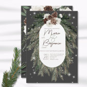 Boho Charcoal Pine Winter Sparkle Wedding Invite Kaart