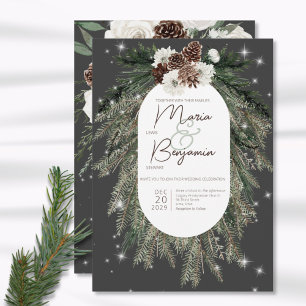 Boho Charcoal Pine Winter Sparkle Wedding Invite Kaart