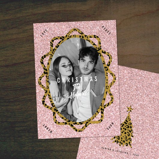 Boho Cheetah & Roos Glitter Ovaal Foto Kerst Feestdagenkaart